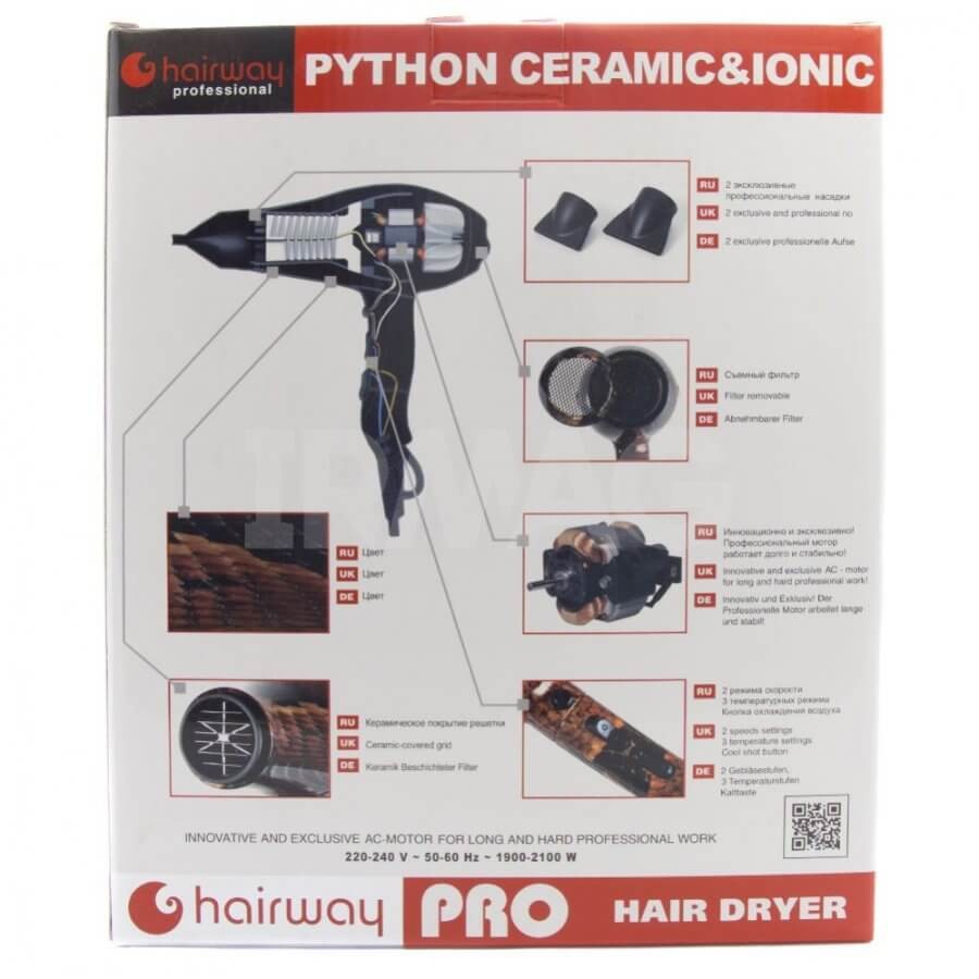 Фен Hairway Python Ionic Красный 1900-2100W + диффузор 03064